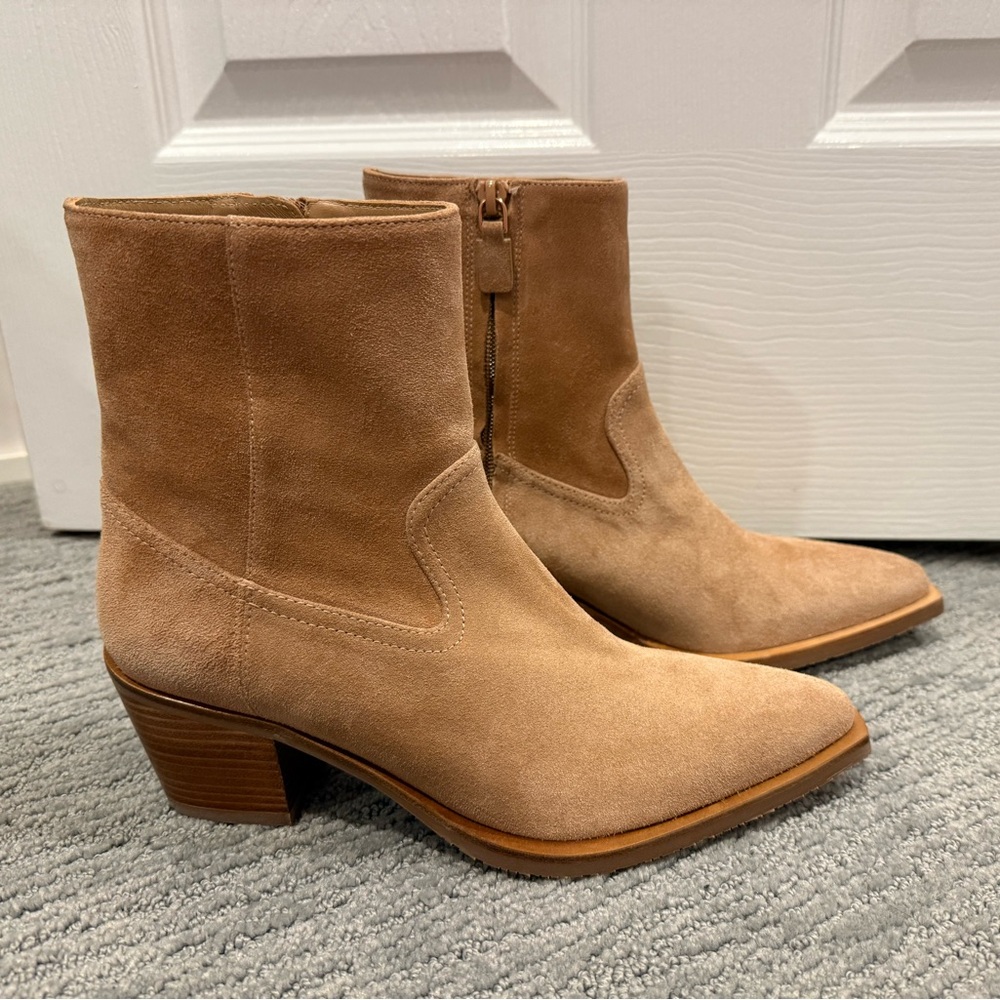 New in Box Stuart Weitzman Tate Tan Suede Ankle Booties Boots Size 7.5 / 38